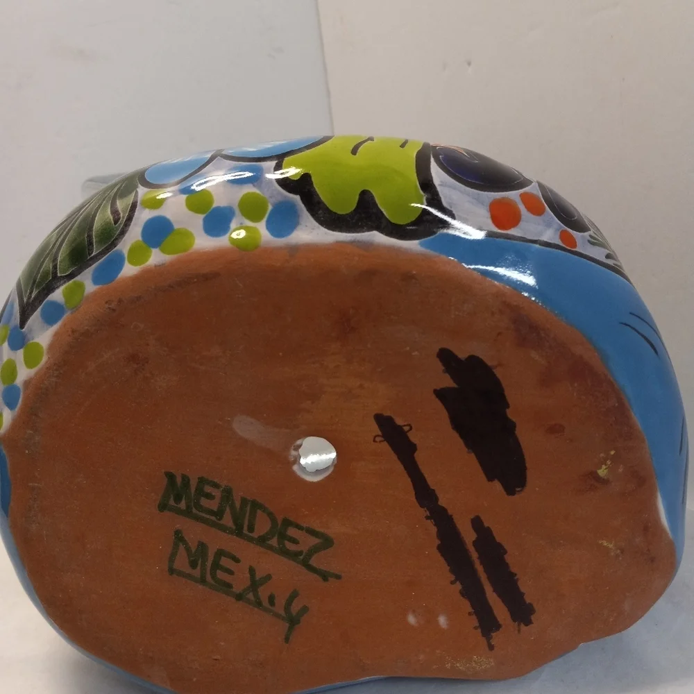 MENDEZ Planter Resting Curled Cat Figurine Ceramic Pottery Blue & Green
